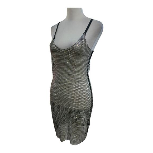 TIC TOC🕷️🎃Rhinestones sheer black stretch netting slip dress/or cover up SZ S - Picture 4 of 16